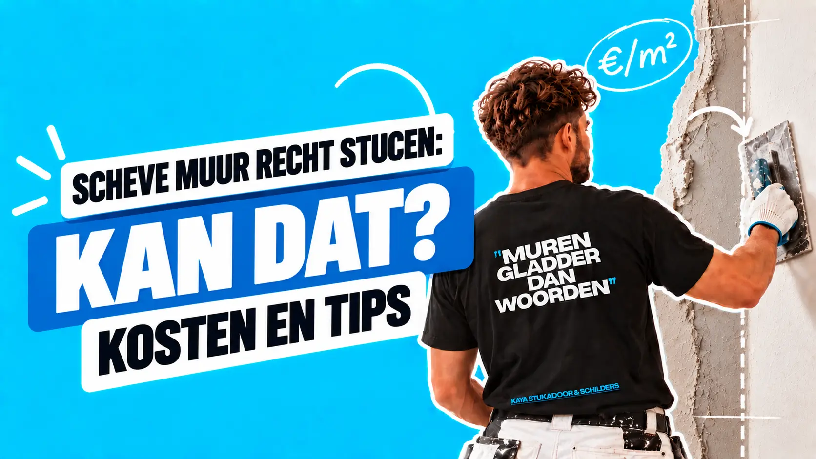 Stukadoor maakt een scheve muur recht met raapwerk, rei en laser